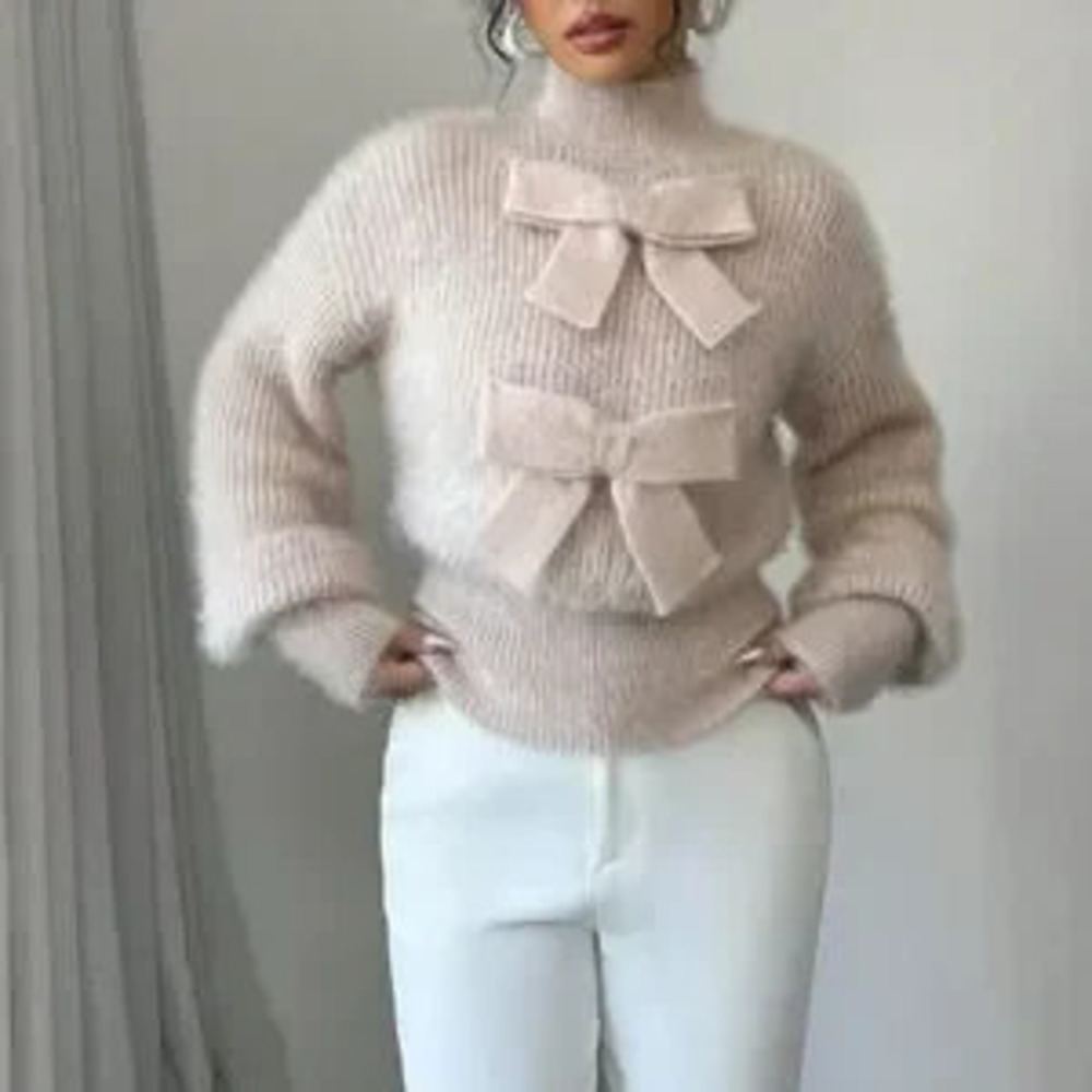 ZARA Apricot Casual Women's Stand Collar Bow Decor Sweater